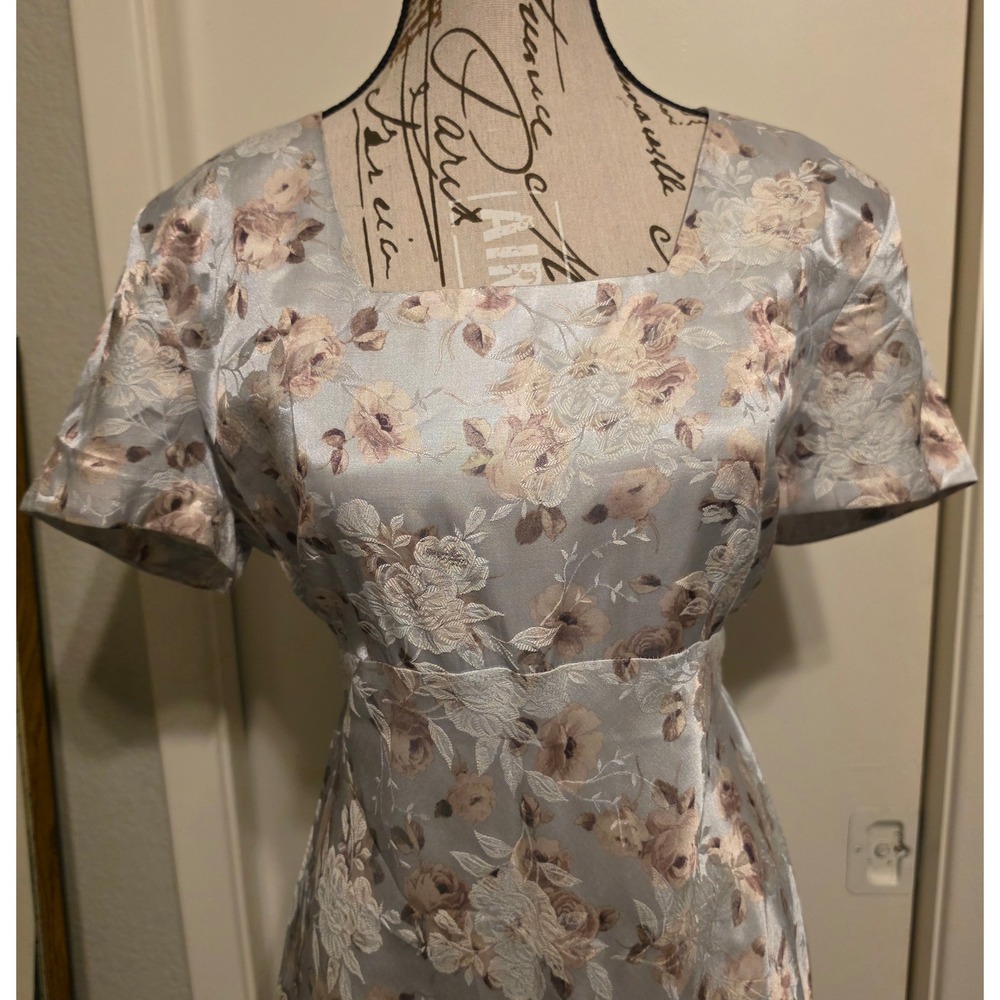 Vintage DBY Ltd Floral Jacquard Maxi Dress Blue Champagne Square Neck Sz 11 - Picture 2 of 7